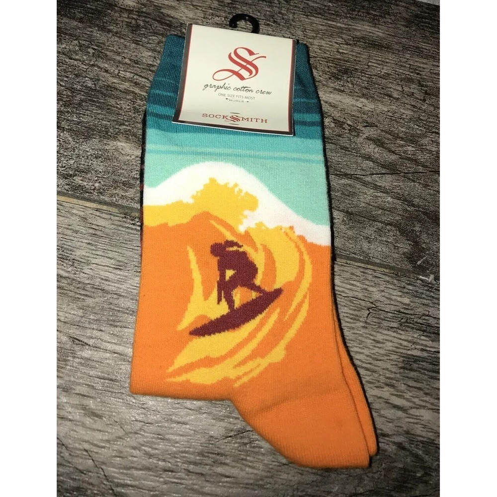 New Socksmith Women's Crew Socks Catch A Wave Surfer Ocean Orange One Size
